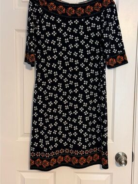 Max Studio Black Midi Dress with Orange Floral Borders